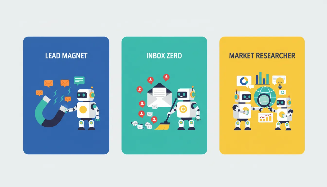 Three side-by-side workflow cards showing Lead Magnet, Inbox Zero, and Market Researcher agents, sty