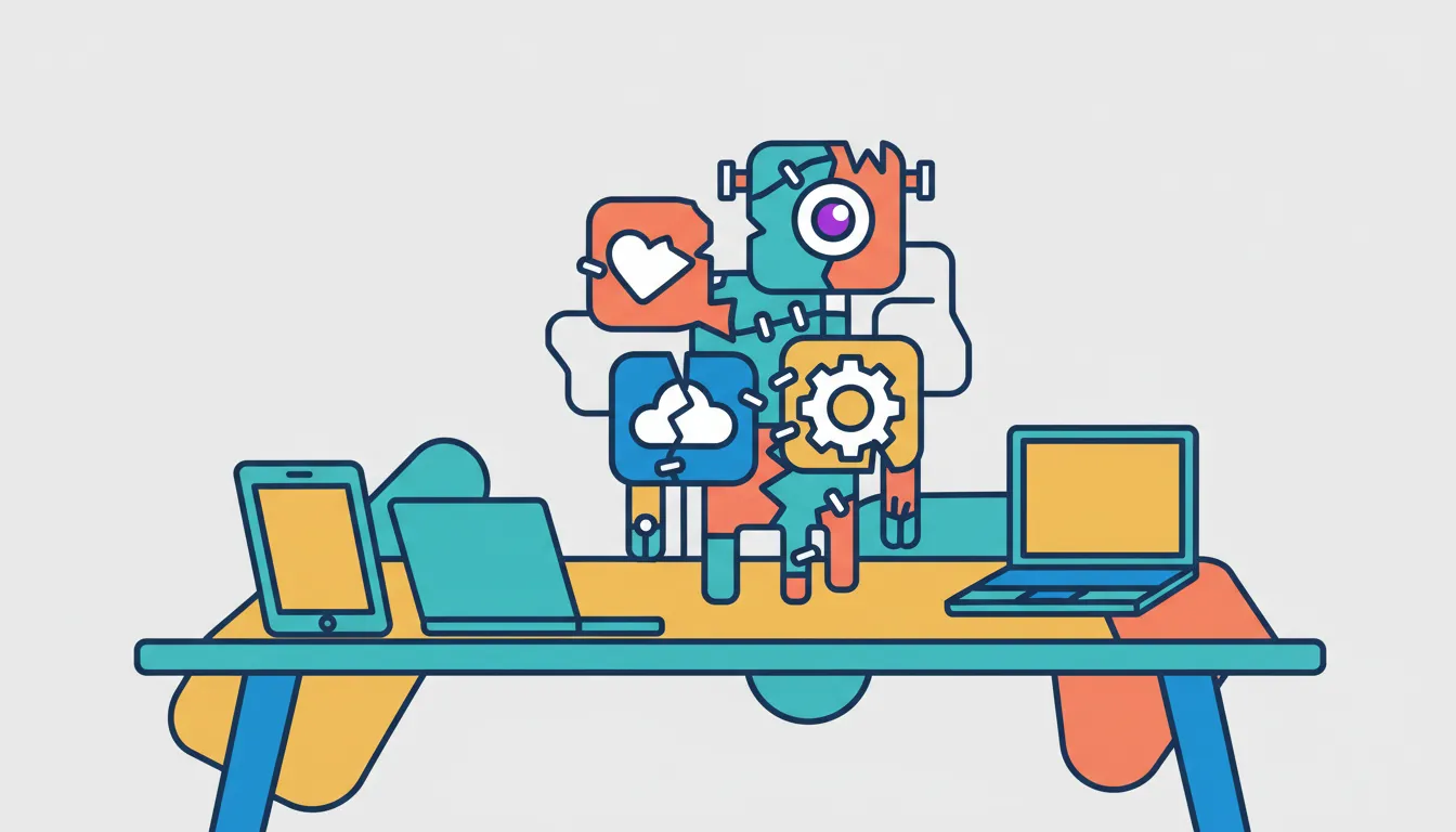 A messy desk with overlapping app icons stitched together like Frankenstein's monster, clean digital