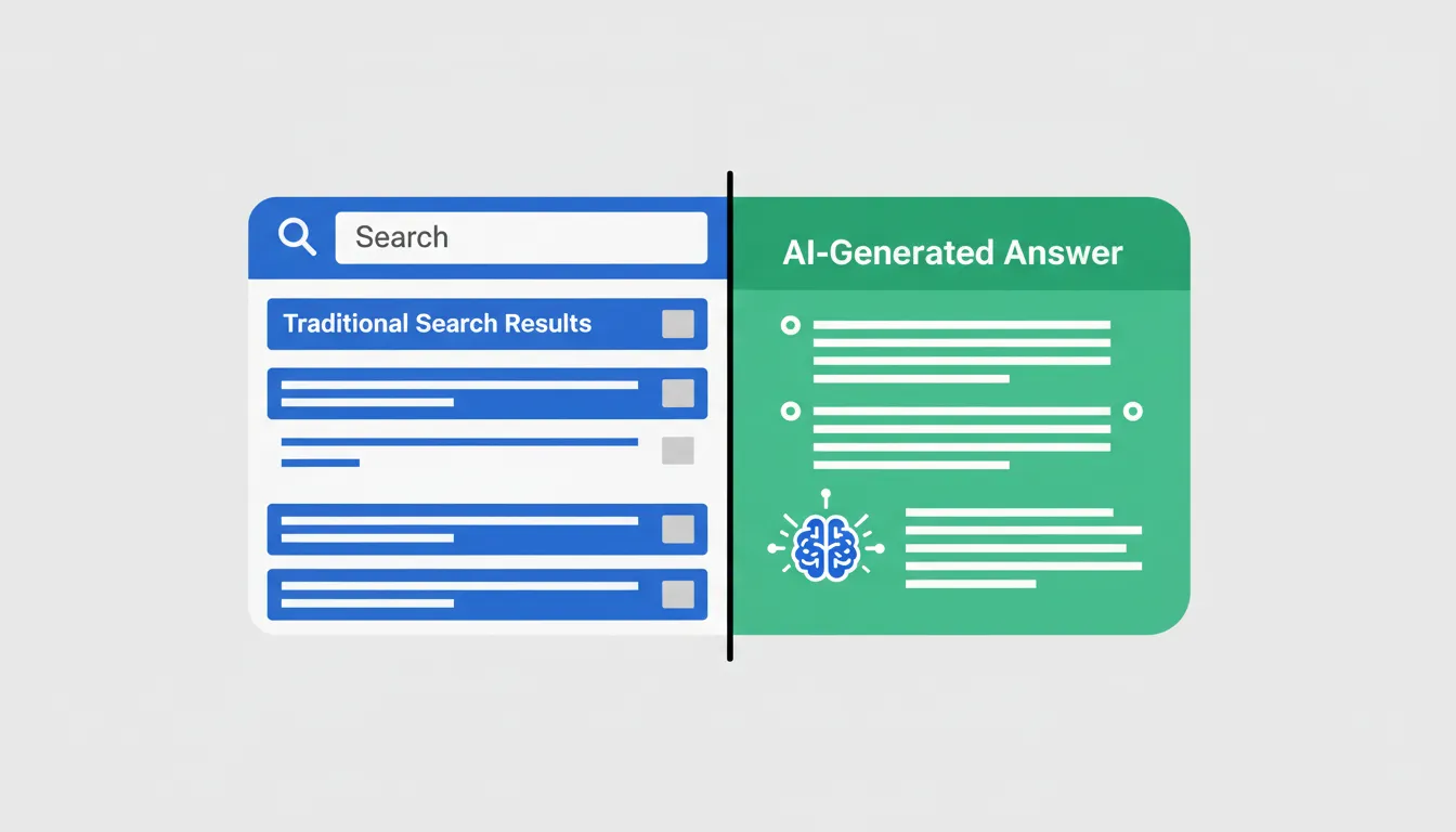A split-screen illustration showing a traditional search results page on the left and an AI-generate