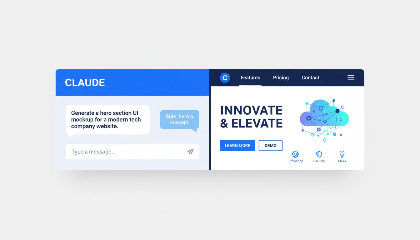 Split-screen showing a Claude chat prompt on the left and a rendered hero section UI mockup on the r