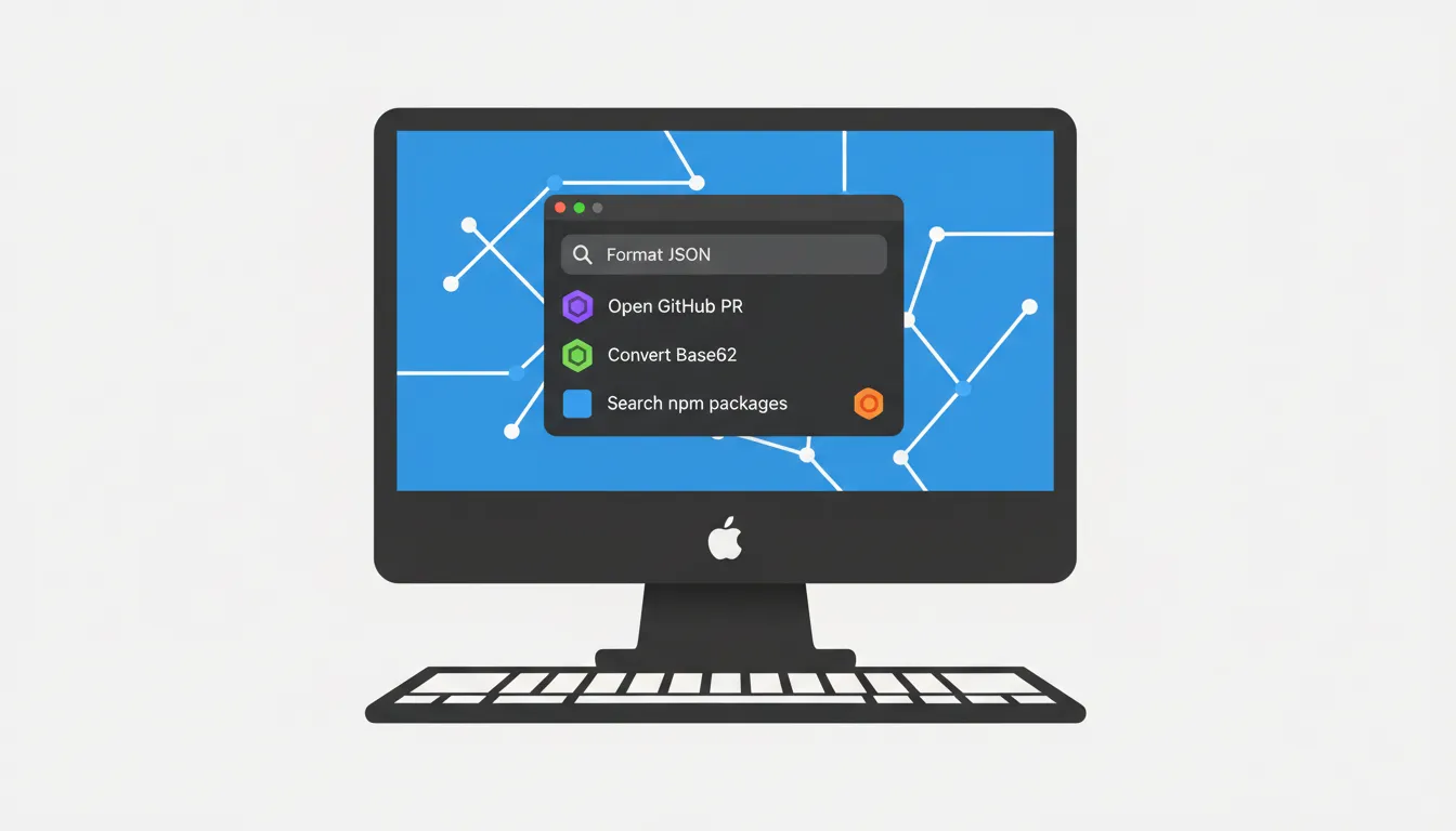 A dark-mode Mac desktop with Raycast's command palette open, showing developer commands like "Format