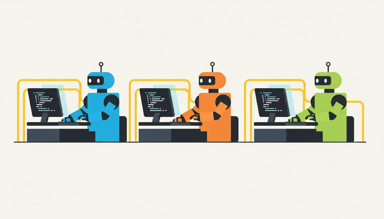 Three AI robots coding at terminals with safety guardrails visible, style: clean digital illustratio