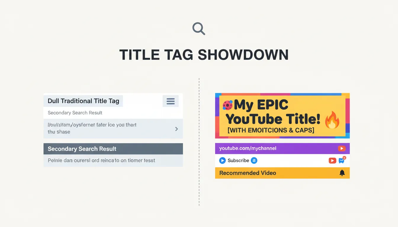 Side-by-side comparison of a dull traditional title tag vs. a vibrant YouTube-style personal title t