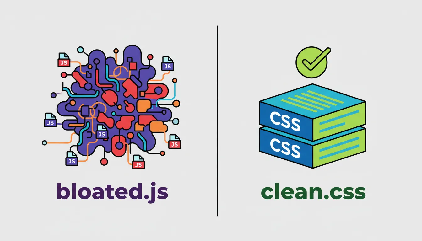A split-screen illustration showing a bloated JS bundle on the left vs. a clean CSS file on the righ