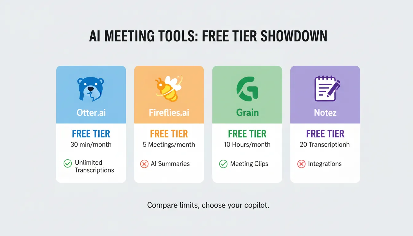 Side-by-side comparison card of four AI meeting tools showing free tier limits, style: clean digital