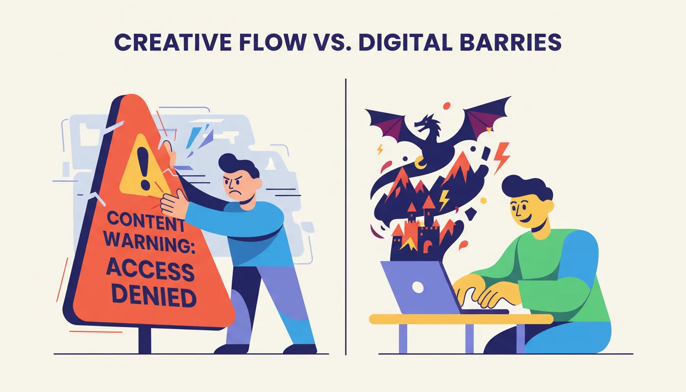 A split-screen illustration showing a frustrated user hitting a content warning on one side, and a w