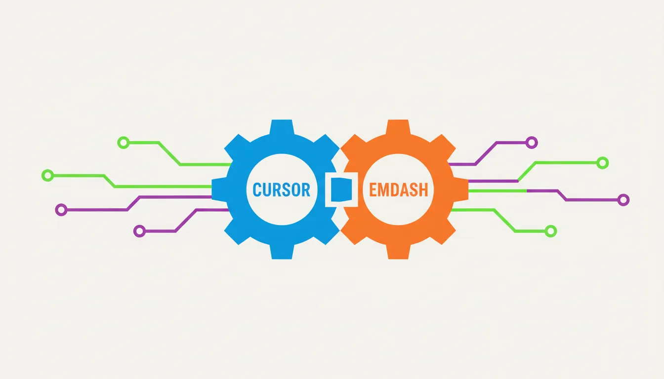 Two interlocking gears labeled "Cursor" and "Emdash" connected by data streams, style: clean digital
