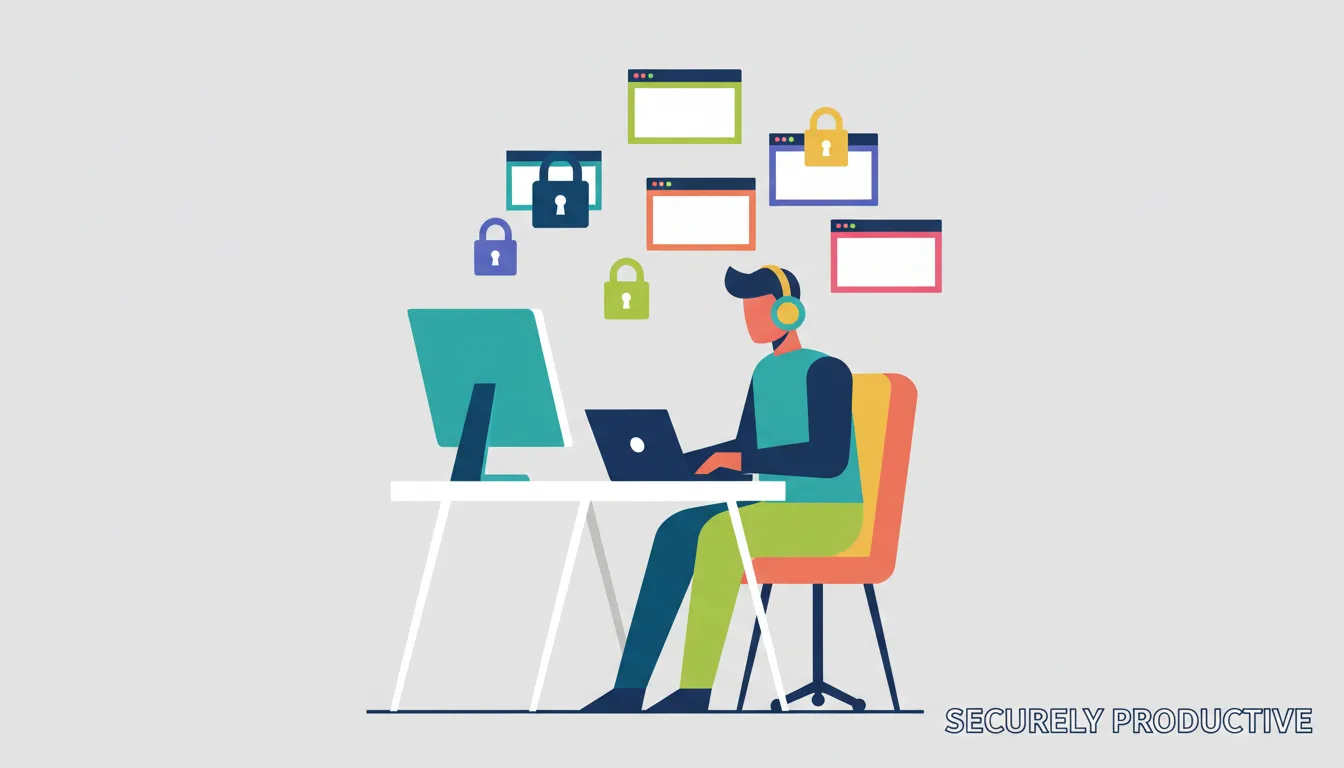 A freelancer at a home desk surrounded by floating lock icons and browser windows, style: clean digi